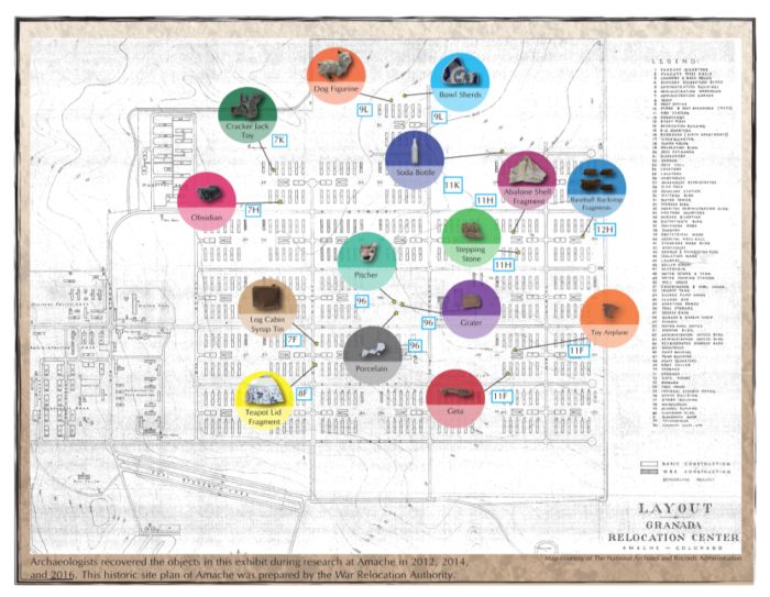 Archaeologists recovered these objects during research at Amache in 2012 and 2014. War Relocation Authority Amache site plan. Courtesy of The National Archives and Records Administration. 
