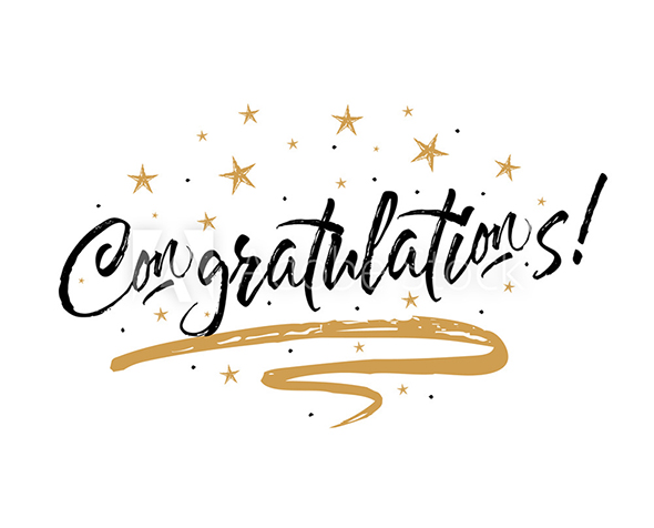 Congratulations text on a white background surrounded by gold stars
