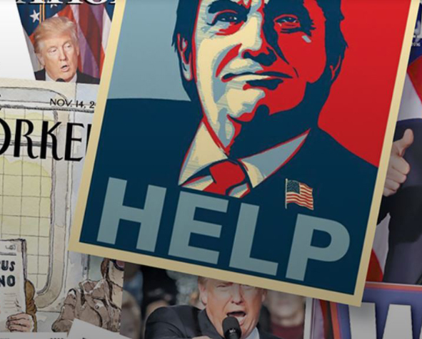 Collage of political magazines and cartoons depicting Trump
