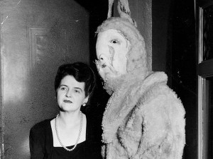 Mary Coyle Chase next to a costume rabbit