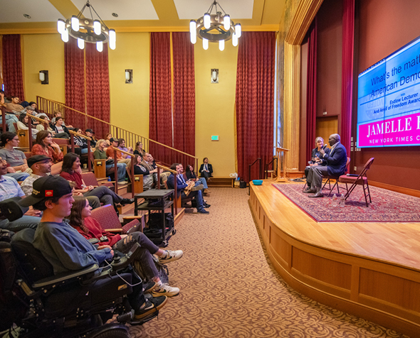 Lynn Clark and Jamelle Bouie sit in conversation on stage