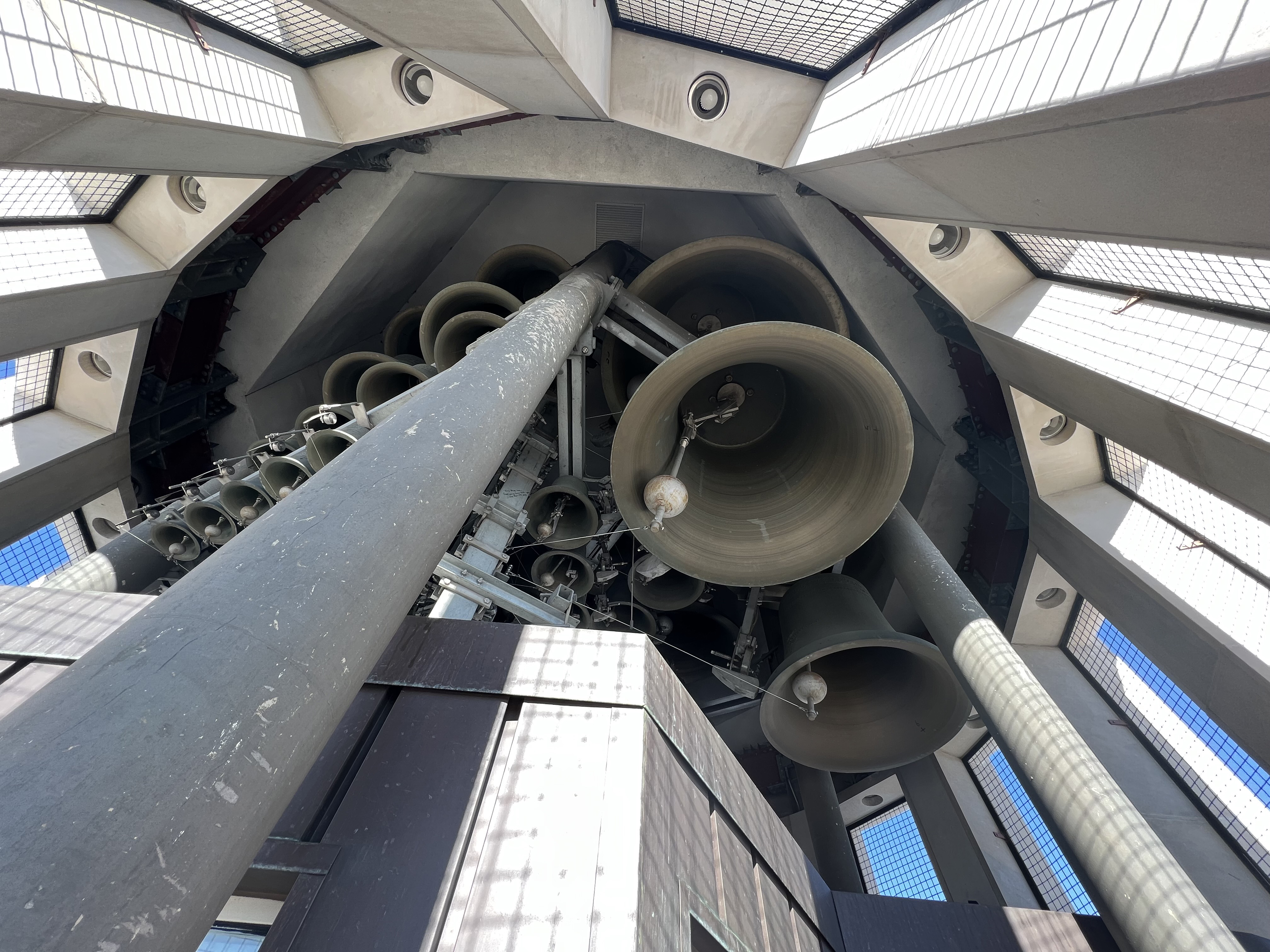 An upward view of the bells of DU's carillon.