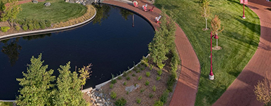 an aerial view across campus in summer