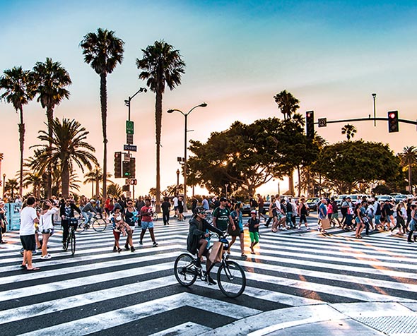 crowd of people at California crosswalk