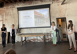Students in the Spring 2022 Strategic Communication Seminar present their strategic communication plan to Cafe 180