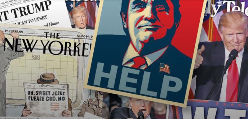 Collage of political magazines and cartoons depicting Trump