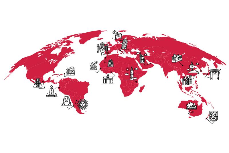 Graphic of the countries of the world with illustrated symbols representing several countries.