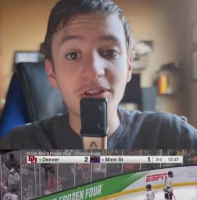 A screenshot of a horizontal split screen between a DU Student speaking into a microphone above footage of a DU Pios hockey match.