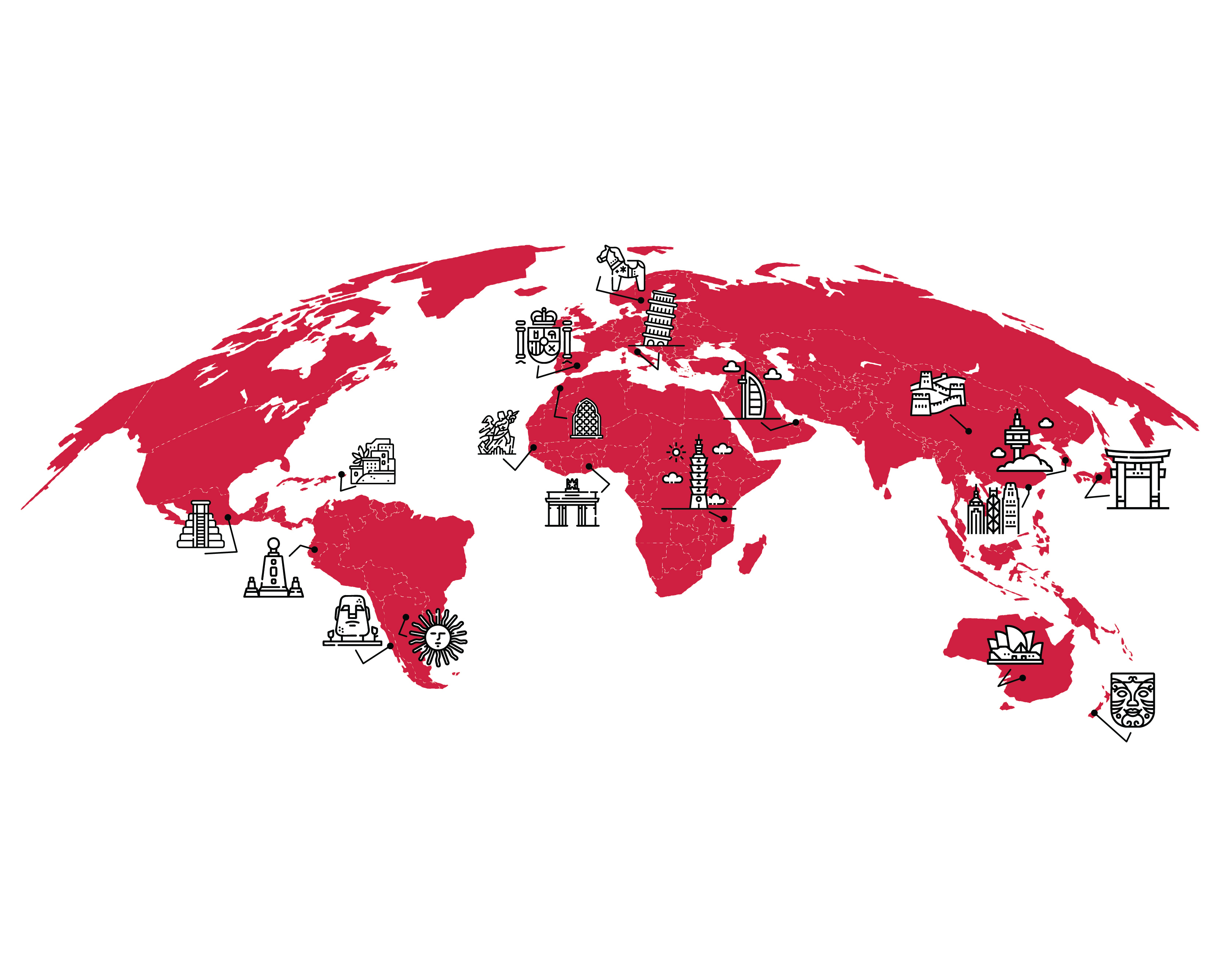 Graphic of the countries of the world with illustrated symbols representing several countries.